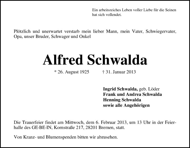 Traueranzeige von Alfred Schwalda von WESER-KURIER