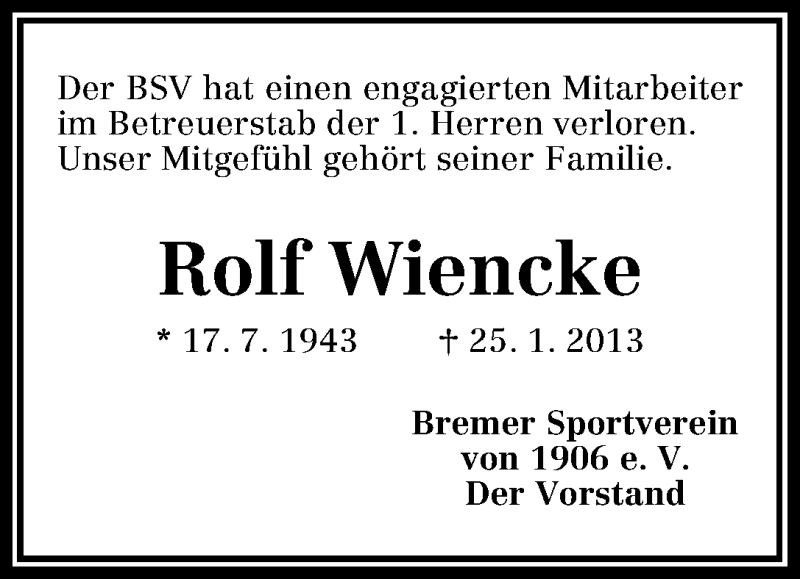 Traueranzeige von Rolf Wiencke von WESER-KURIER