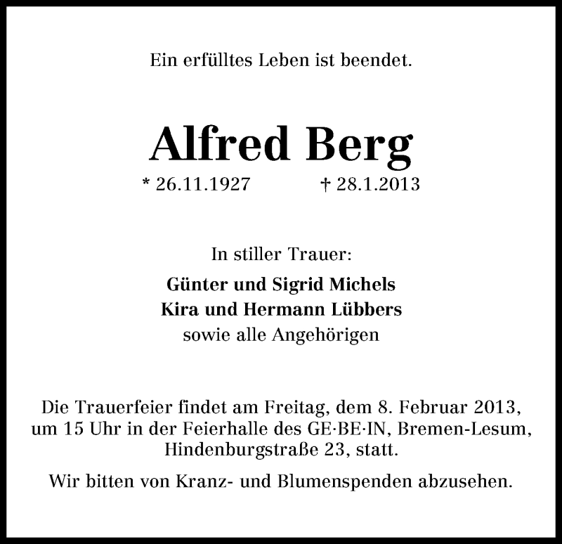 Traueranzeige von Alfred Berg von WESER-KURIER