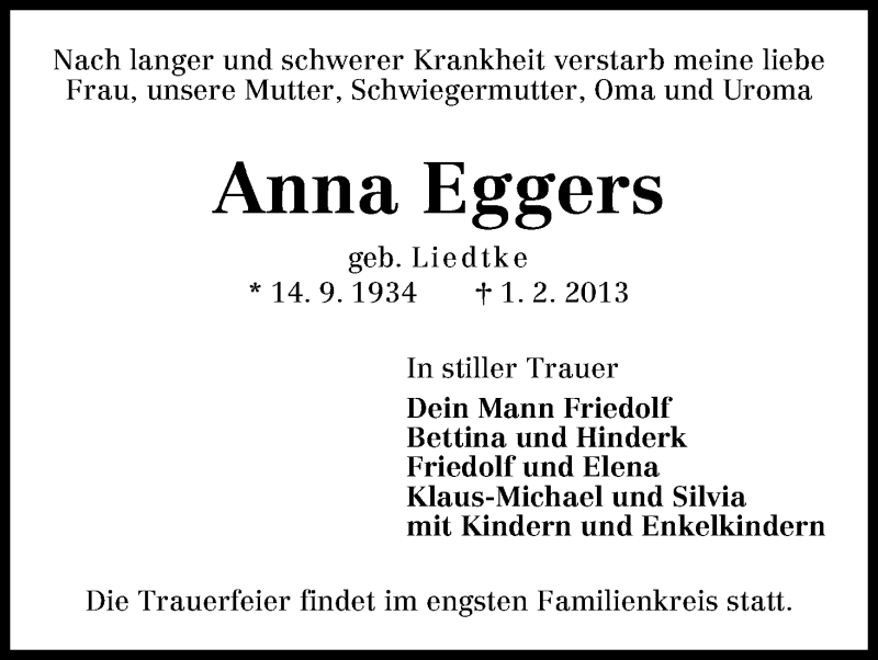 Traueranzeige von Anna Eggers von WESER-KURIER