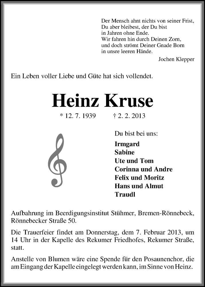  Traueranzeige für Heinz Kruse vom 05.02.2013 aus WESER-KURIER