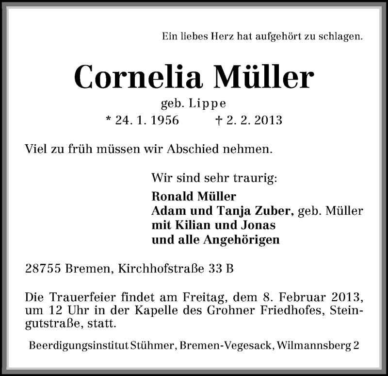  Traueranzeige für Cornelia Müller vom 05.02.2013 aus WESER-KURIER