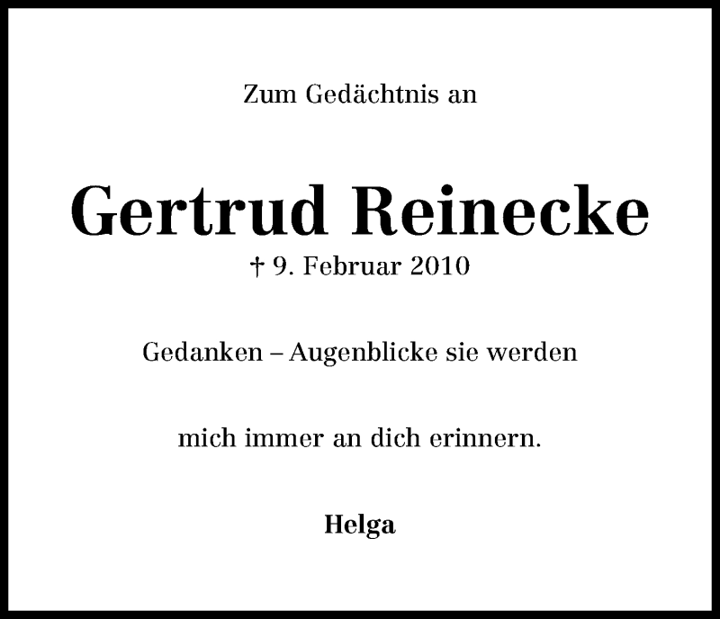  Traueranzeige für Gertrud Reinecke vom 09.02.2013 aus WESER-KURIER