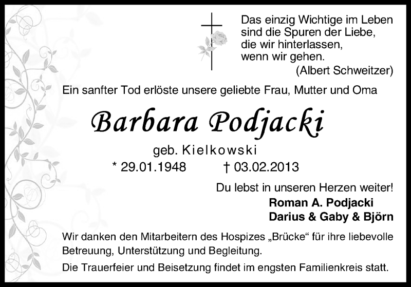  Traueranzeige für Barbara Podjacki vom 07.02.2013 aus WESER-KURIER