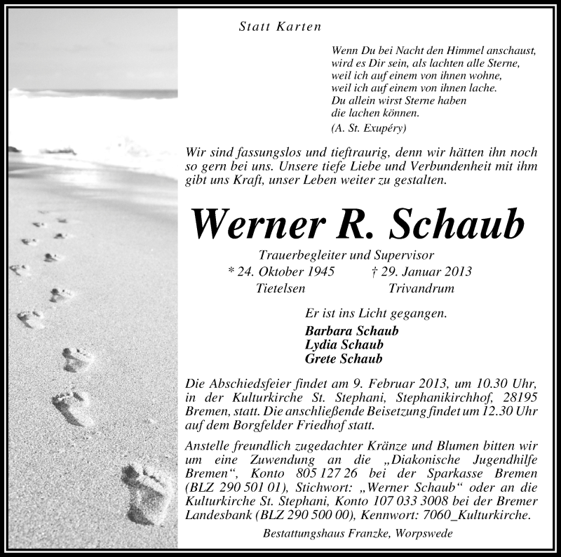  Traueranzeige für Werner R. Schaub vom 06.02.2013 aus WESER-KURIER