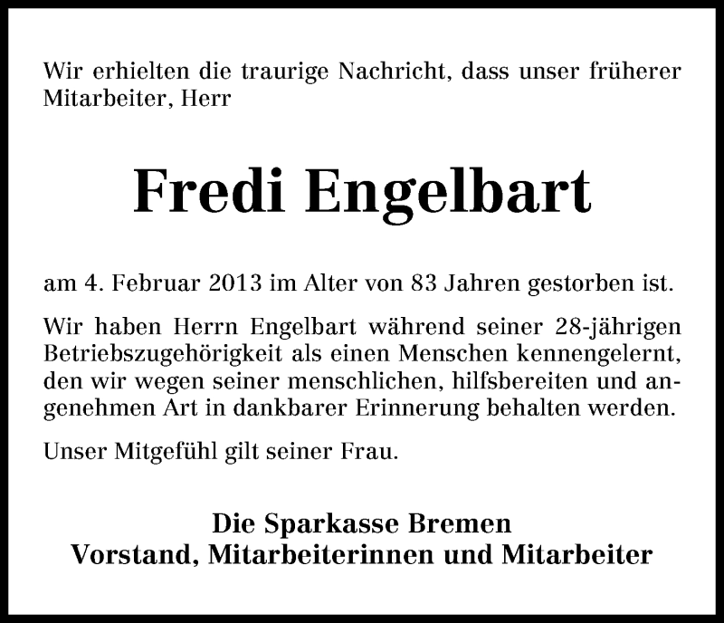 Traueranzeige von Fredi Engelbart von WESER-KURIER