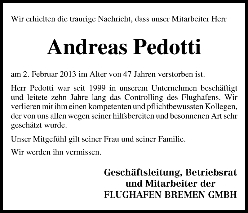  Traueranzeige für Andreas Pedotti vom 06.02.2013 aus WESER-KURIER