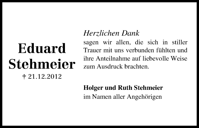 Traueranzeige von Eduard Stehmeier von WESER-KURIER