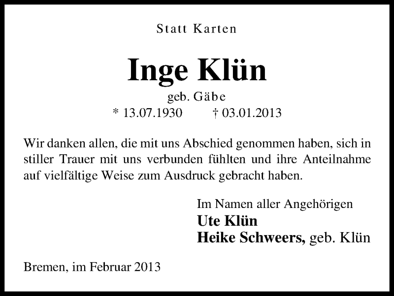 Traueranzeige von Inge Klün von WESER-KURIER