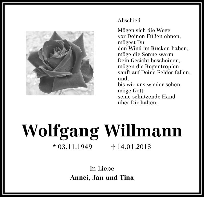  Traueranzeige für Wolfgang Willmann vom 13.02.2013 aus WESER-KURIER