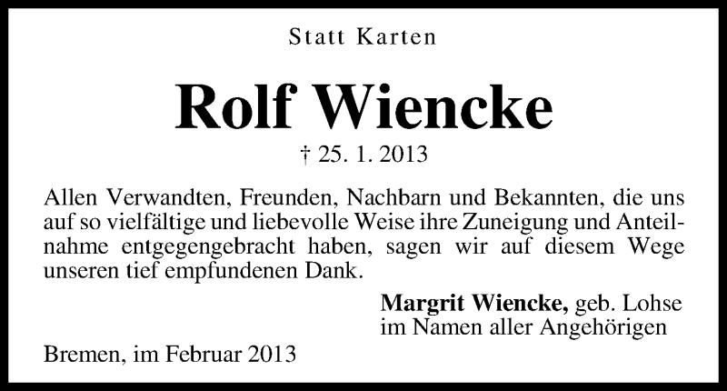Traueranzeige von Rolf Wiencke von WESER-KURIER