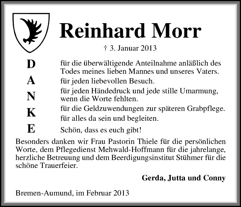  Traueranzeige für Reinhard Morr vom 09.02.2013 aus WESER-KURIER