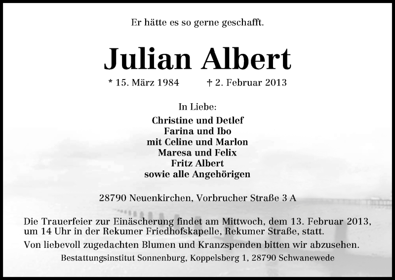  Traueranzeige für Julian Albert vom 09.02.2013 aus WESER-KURIER