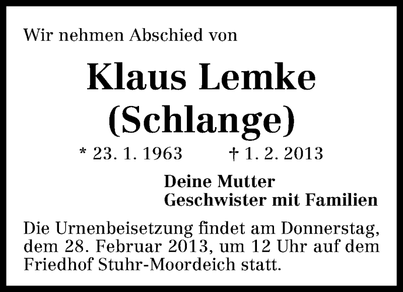 Traueranzeige von Klaus Lemke von WESER-KURIER