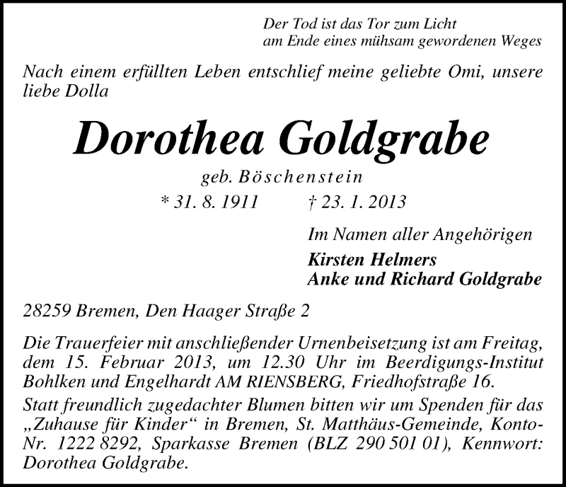 Traueranzeige von Dorothea Goldgrabe von WESER-KURIER