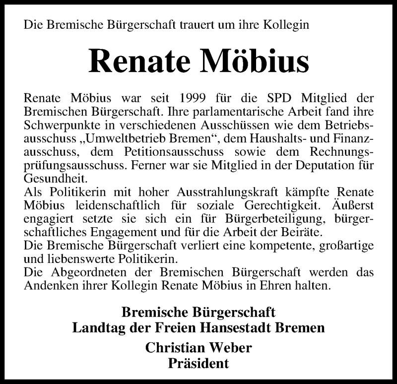  Traueranzeige für Renate Möbius vom 12.02.2013 aus WESER-KURIER