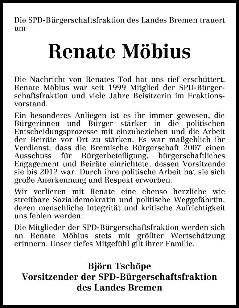  Traueranzeige für Renate Möbius vom 12.02.2013 aus WESER-KURIER