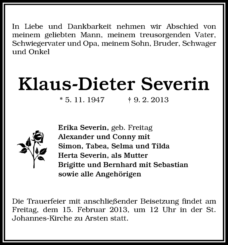Traueranzeige von Klaus-Dieter Severin von WESER-KURIER