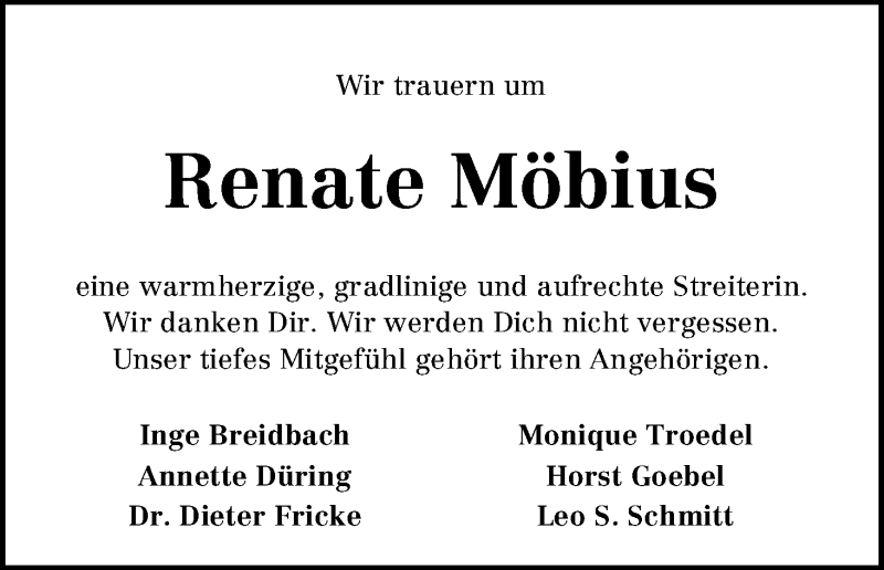  Traueranzeige für Renate Möbius vom 13.02.2013 aus WESER-KURIER