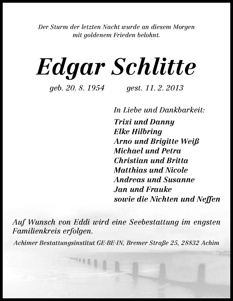  Traueranzeige für Edgar Schlitte vom 14.02.2013 aus WESER-KURIER