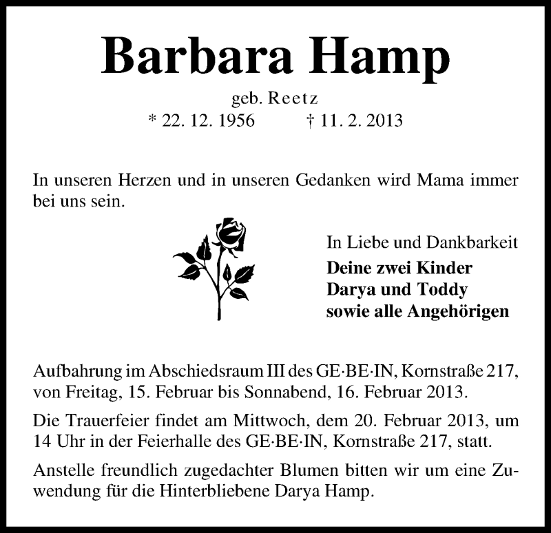 Traueranzeige von Barbara Hamp von WESER-KURIER