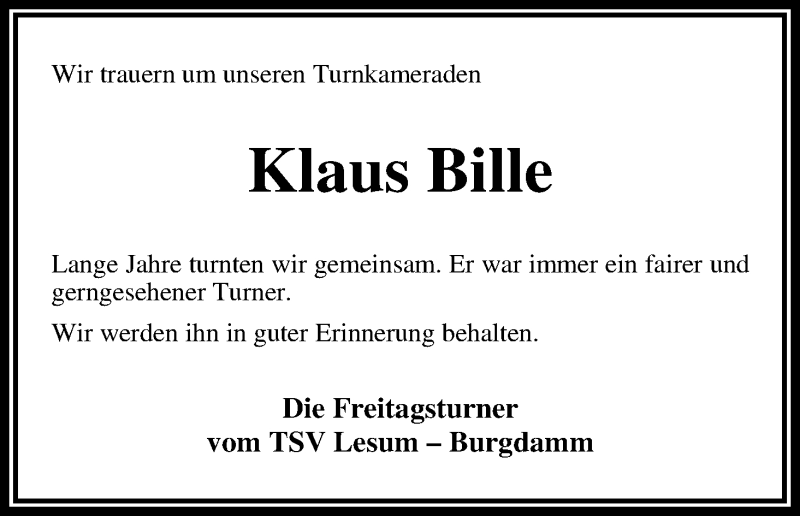 Traueranzeige von Klaus Bille von WESER-KURIER