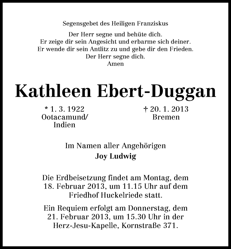 Traueranzeige von Kathleen Ebert-Duggan von WESER-KURIER