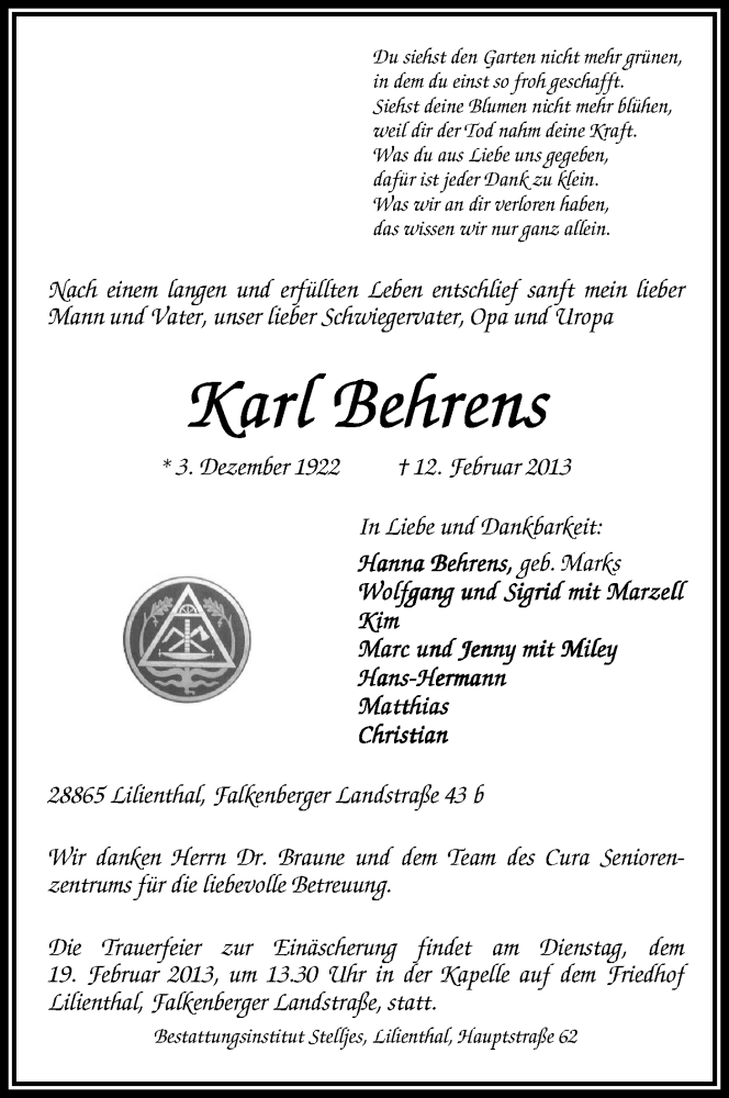  Traueranzeige für Karl Behrens vom 15.02.2013 aus WESER-KURIER