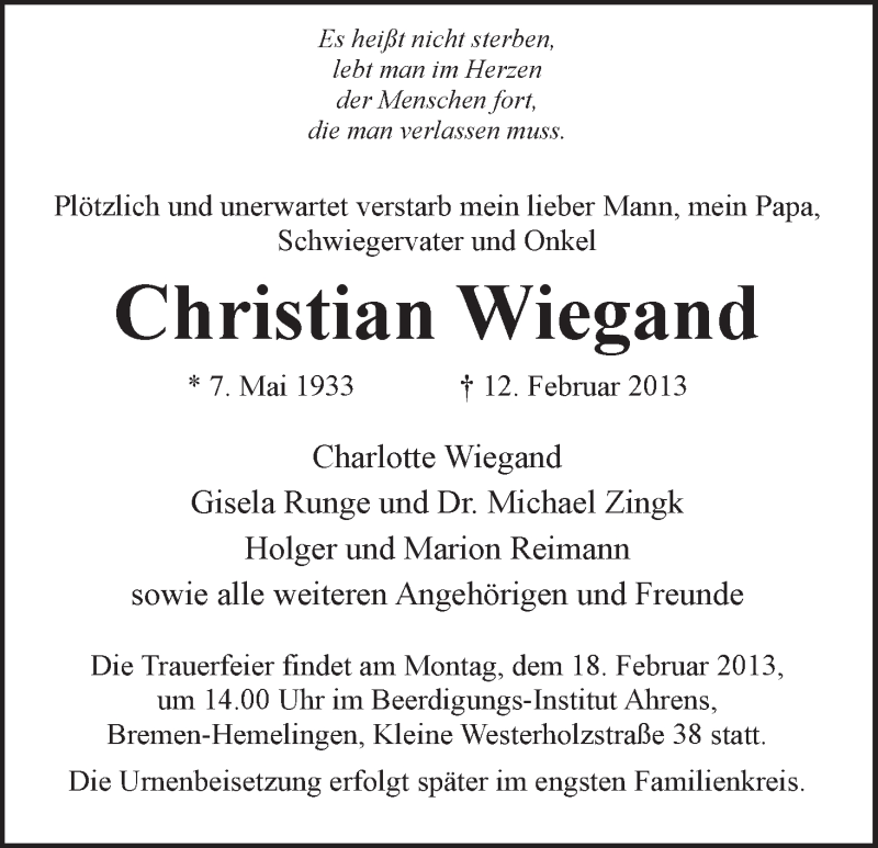  Traueranzeige für Christian Wiegand vom 15.02.2013 aus WESER-KURIER