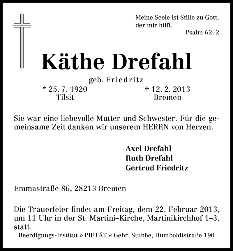  Traueranzeige für Käthe Drefahl vom 15.02.2013 aus WESER-KURIER