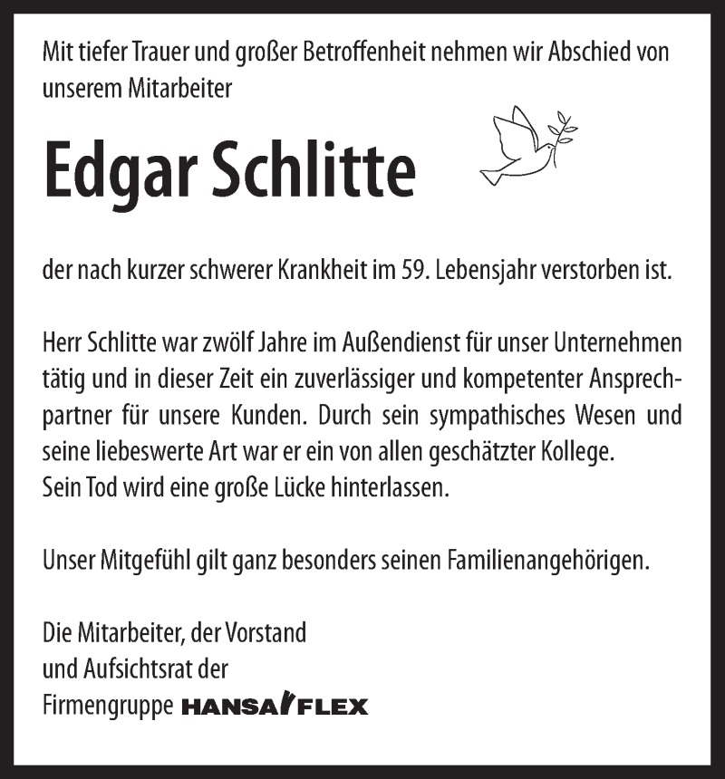  Traueranzeige für Edgar Schlitte vom 16.02.2013 aus WESER-KURIER