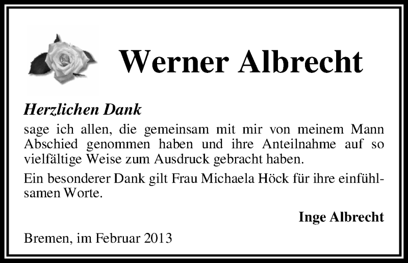  Traueranzeige für Werner Albrecht vom 16.02.2013 aus WESER-KURIER