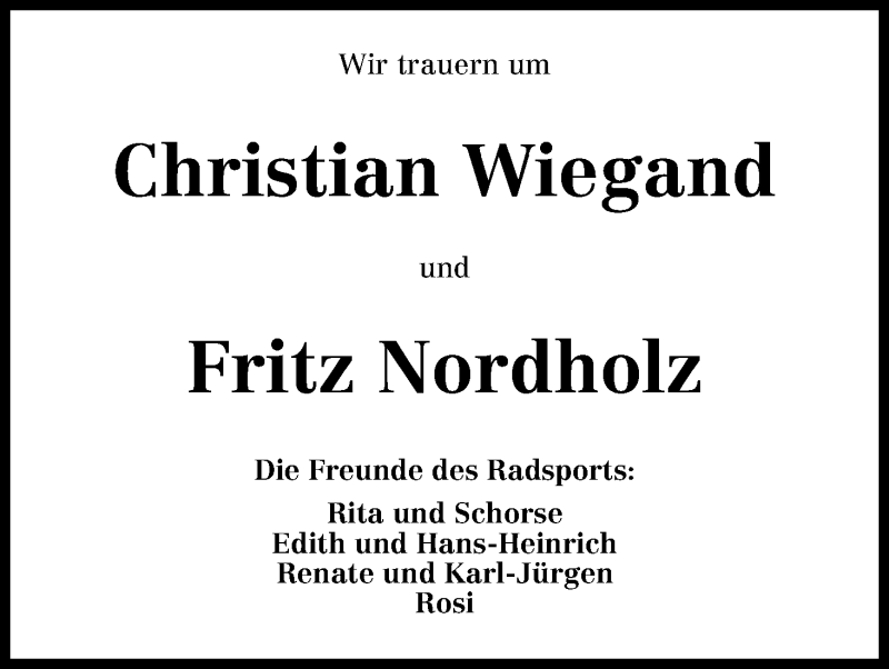  Traueranzeige für Christian Wiegand vom 16.02.2013 aus WESER-KURIER