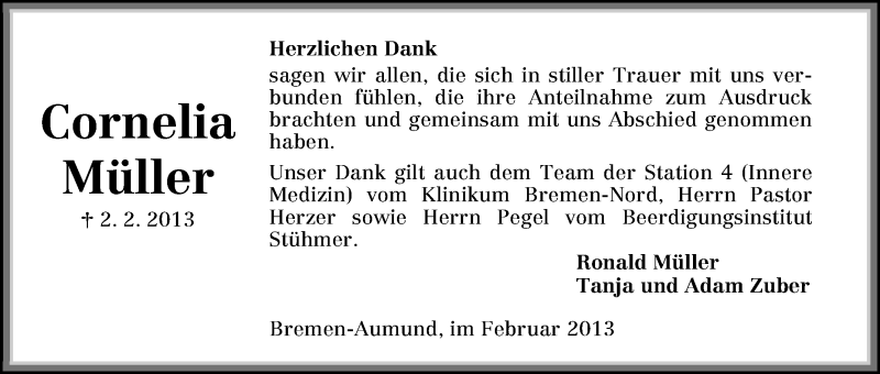  Traueranzeige für Cornelia Müller vom 16.02.2013 aus WESER-KURIER