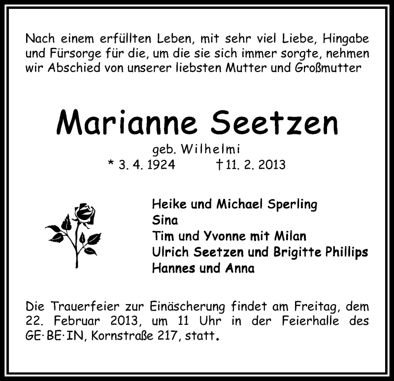 Traueranzeige von Marianne Seetzen von WESER-KURIER