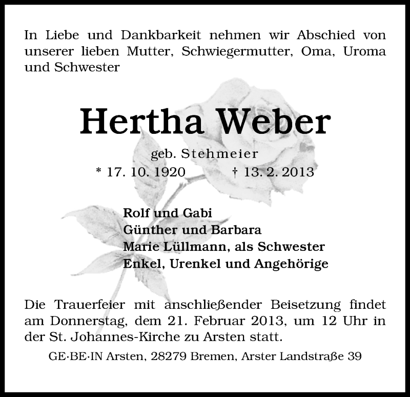 Traueranzeige von Hertha Weber von WESER-KURIER