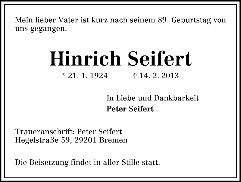 Traueranzeige von Hinrich Seifert von WESER-KURIER