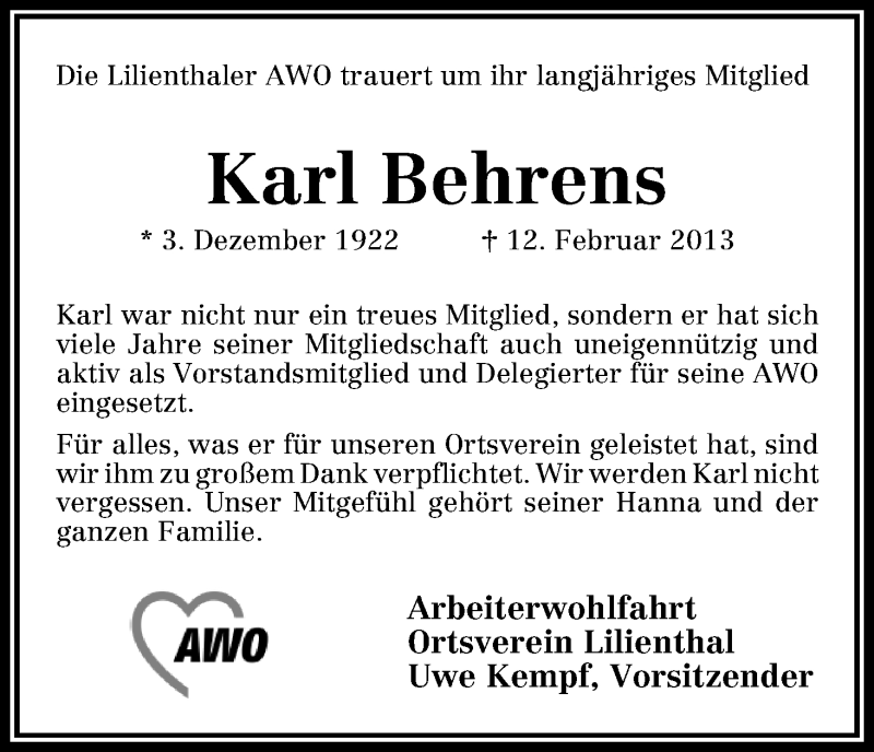  Traueranzeige für Karl Behrens vom 19.02.2013 aus WESER-KURIER