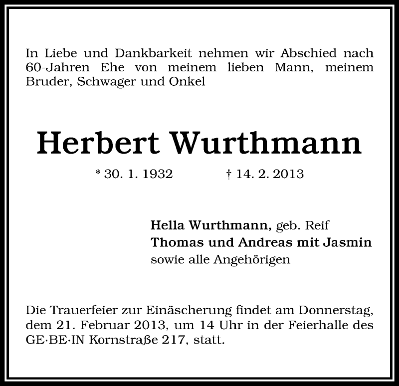 Traueranzeige von Herbert Wurthmann von WESER-KURIER