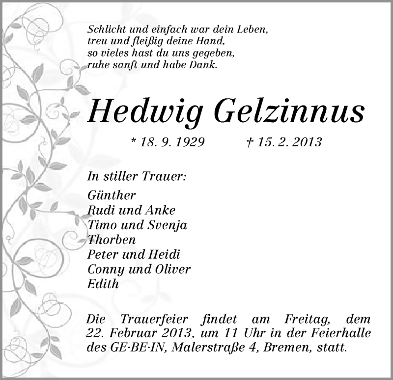Traueranzeige von Hedwig Gelzinnus von WESER-KURIER