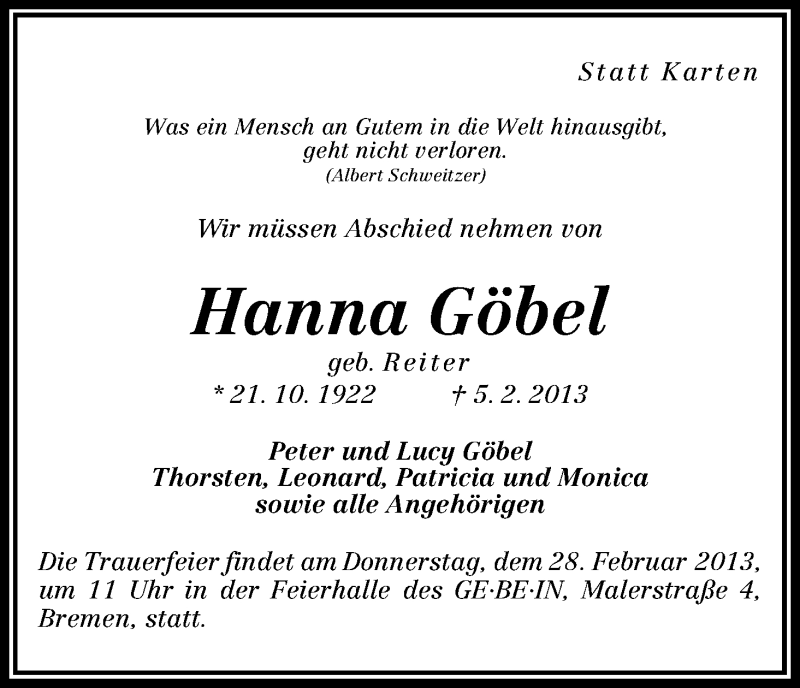 Traueranzeige von Hanna Göbel von WESER-KURIER