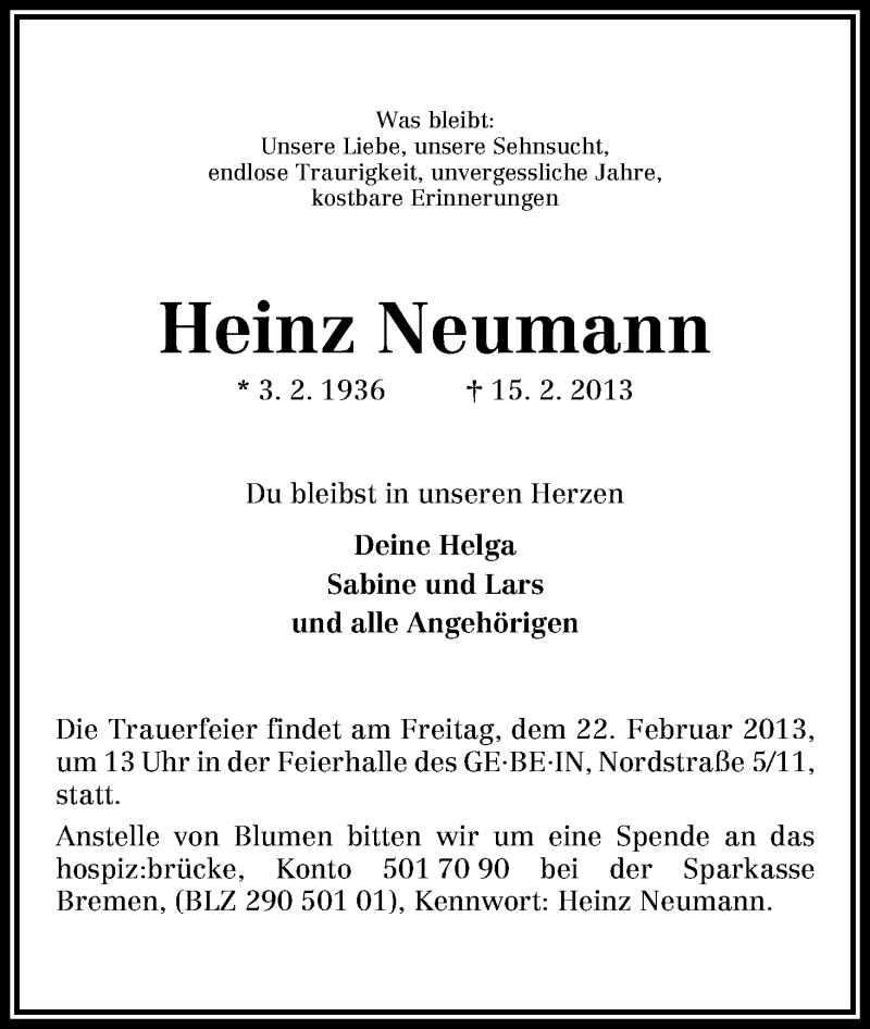 Traueranzeige von Heinz Neumann von WESER-KURIER