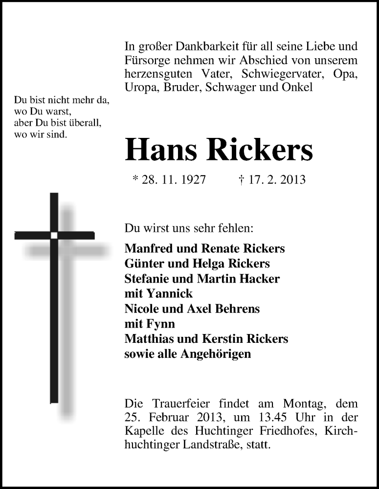 Traueranzeige von Hans Rickers von WESER-KURIER