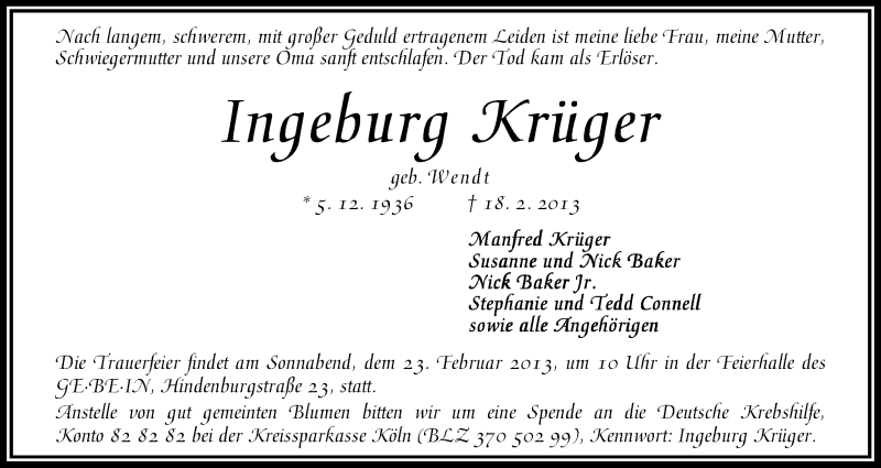 Traueranzeige von Ingeburg Krüger von WESER-KURIER