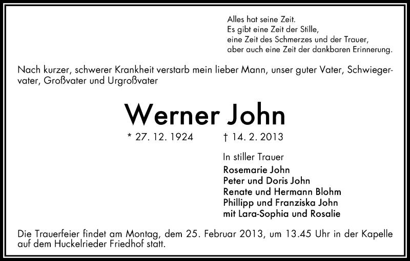 Traueranzeige von Werner John von WESER-KURIER