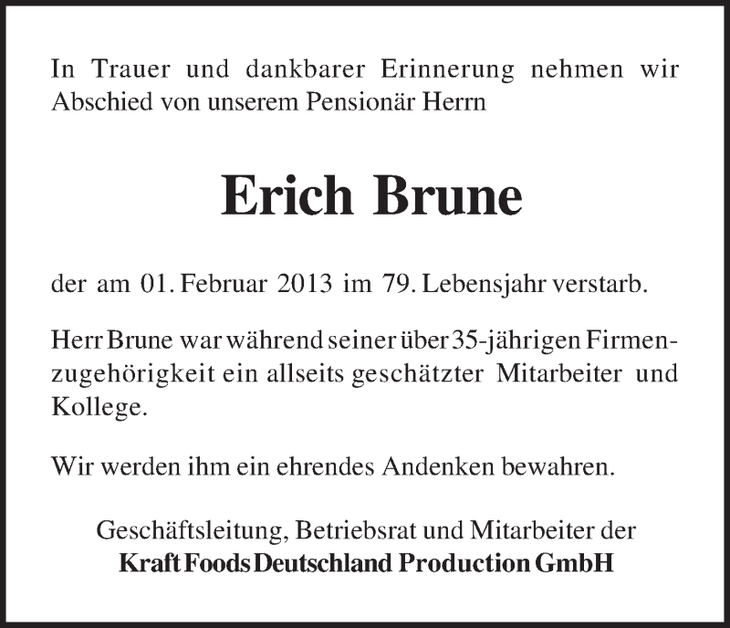 Traueranzeige von Erich Brune von WESER-KURIER