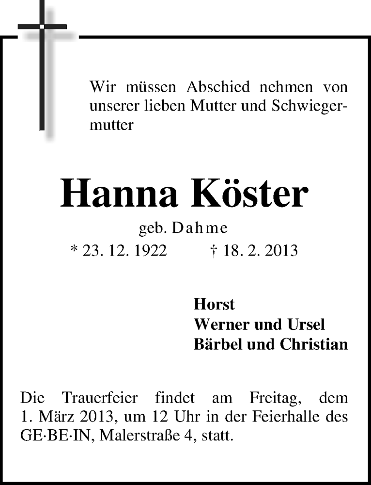 Traueranzeige von Hanna Köster von WESER-KURIER