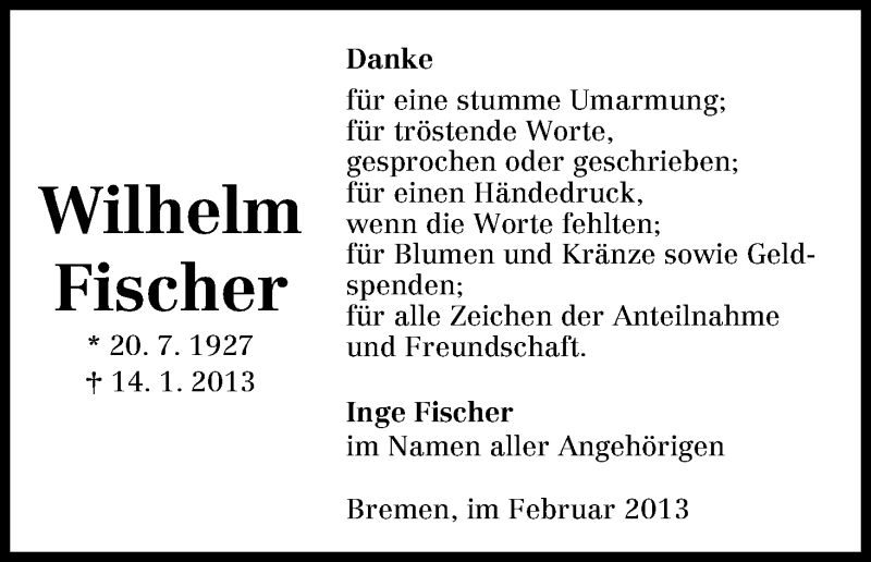  Traueranzeige für Wilhelm Fischer vom 23.02.2013 aus WESER-KURIER
