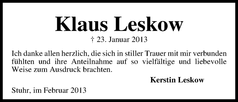  Traueranzeige für Klaus Leskow vom 23.02.2013 aus WESER-KURIER