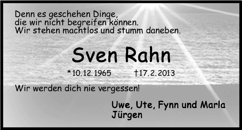  Traueranzeige für Sven Rahn vom 23.02.2013 aus WESER-KURIER